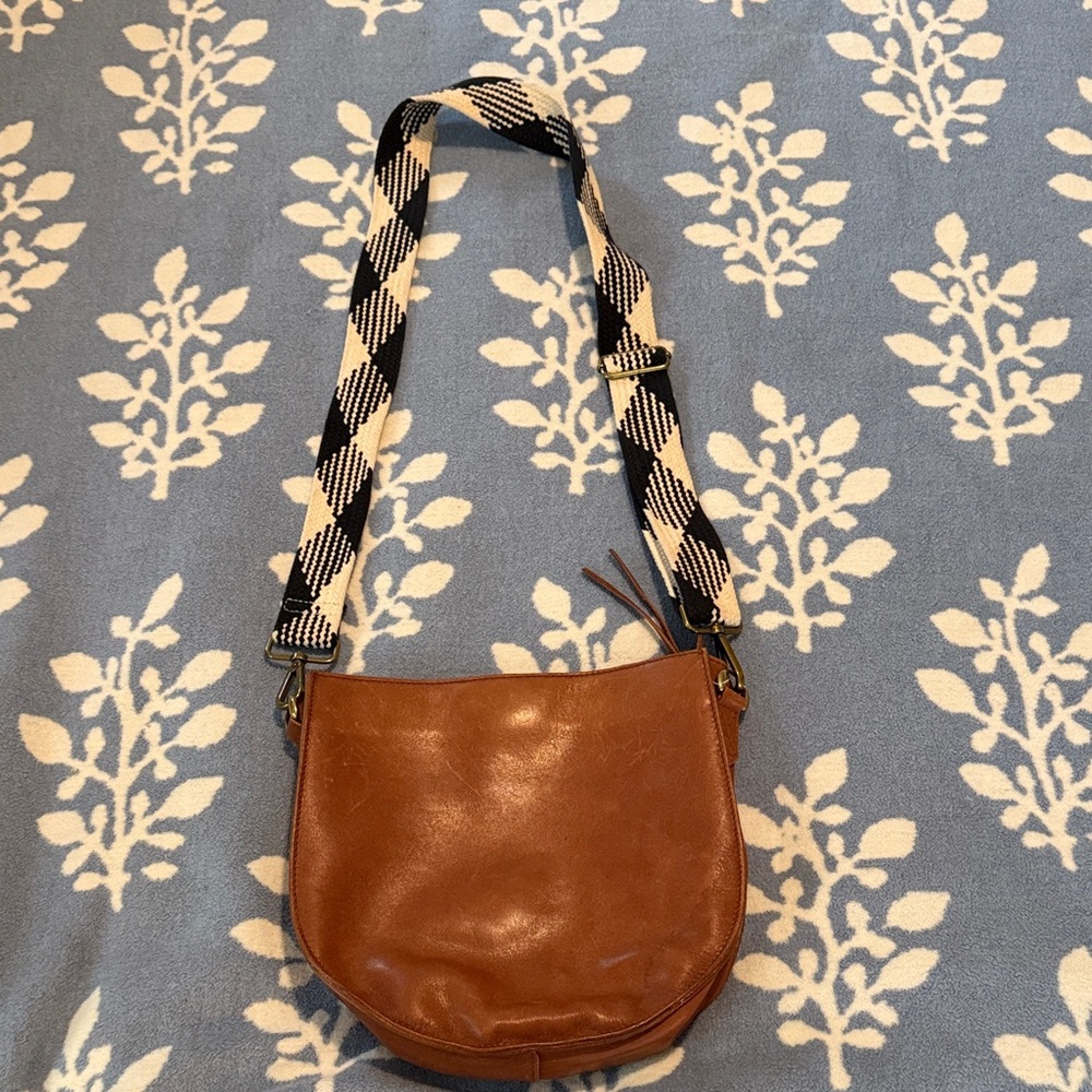 Madewell Tan Leather Crossbody Bag with Removable Patterned Strap